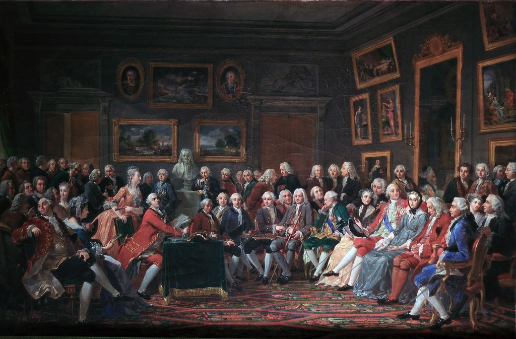 Scène imaginaire représentant une lecture de l' Orphelin de la Chine de Voltaire dans le salon de Madame Geoffrin, en 1757. Il s'agit d'une réplique à taille réduite d'un tableau conservé au musée de Malmaison.